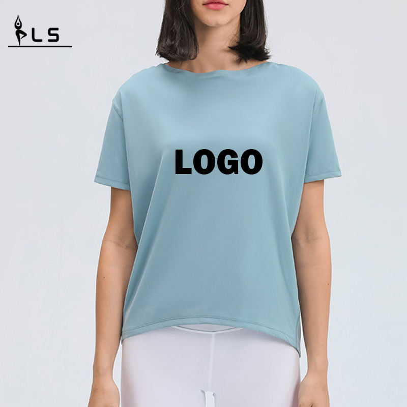 SC10266 LOGO Custom Yoga Shirt Allenamento per ritagli di allenamento Pullover Shirt a maniche corte Sports Yoga Allenamento sciolto Donne a maglietta a secco veloce