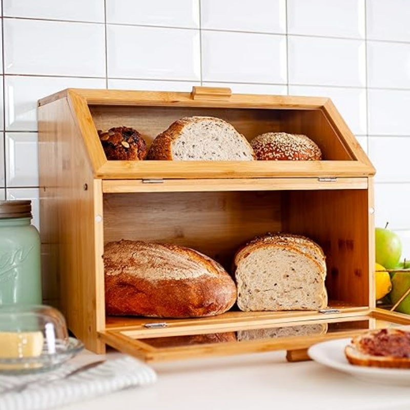 Box di pane di bambù per bancone da cucina - Presentazione del pane a doppio strato con finestre trasparenti - bidone del pane in stile fattoria rustico