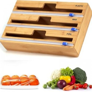 Distributore di avvolgimento da 3 in 1 con taglierina, involucro di plastica, foglio di alluminio e distributore di carta per cera per il cassetto della cucina, supporto per organizzatore rotolo di bambù, compatibile con 12 \\\\ \\\"rot...