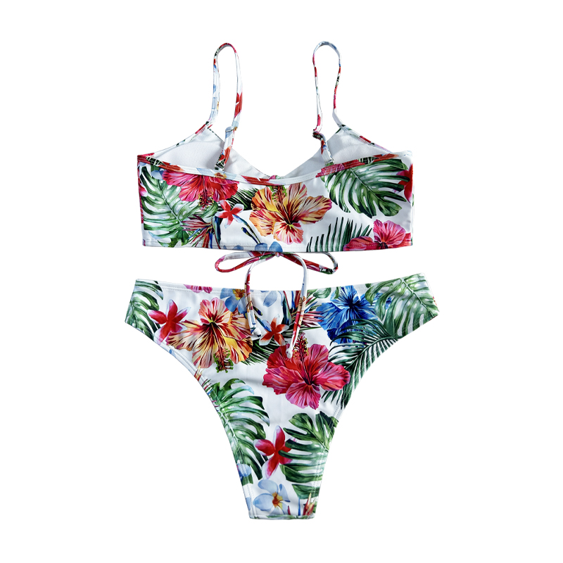 Costume da bagno a due pezzi in fila pieghettata etnica stampata