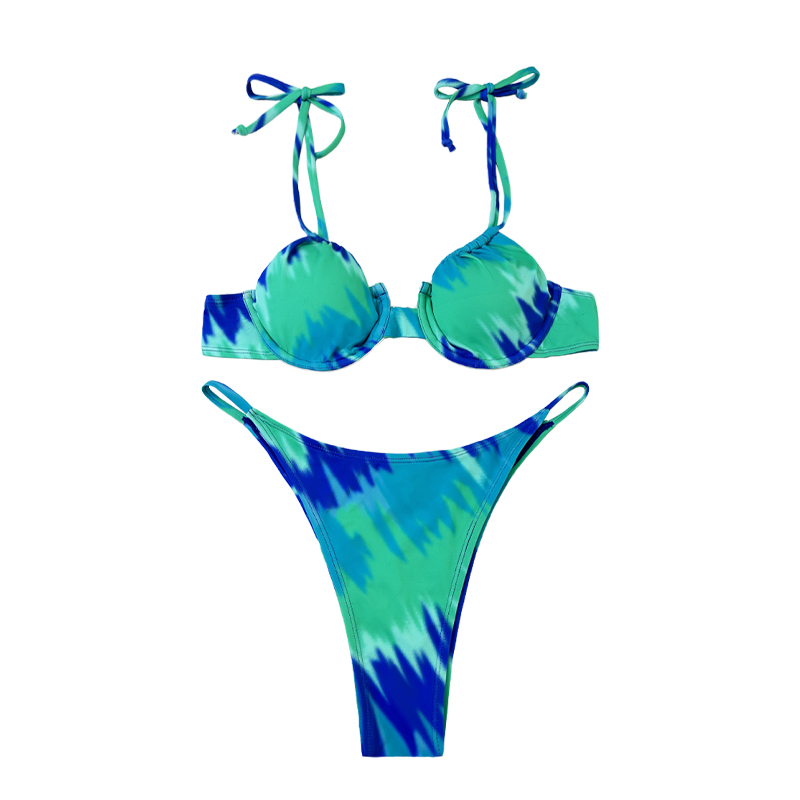 Lace Up Up Halter Round Cup Turquoise Print Swing Swimsuit