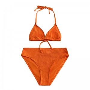 Halter in tessuto arancione, tazza di treppiede, costume da bagno a tre pezzi