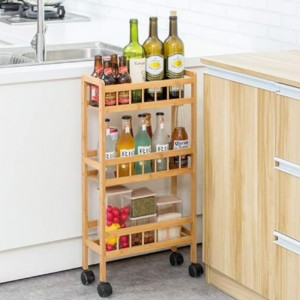 Bambù 3-Carrello portaoggetti da cucina a livelli, sottile, estraibile, con ripiano per dispensa, con rotelle