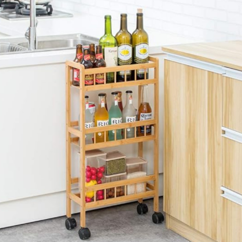 Carrello di stoccaggio rimovibile in cucina a 3 livelli di bambù, slim scivoluvo per dispensa