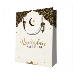 Design personalizzato riutilizzabile Eid Mubarak Ramanda Musline Islamic Festival Shopping Packaging Borse da regalo di carta con manici