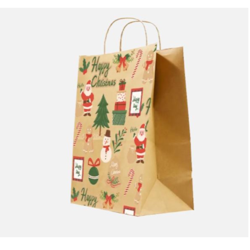 Sacchetti di carta di Natale marroni con manici contorti sacchetti regalo festivi personalizzati con borse di carta all'ingrosso di badge