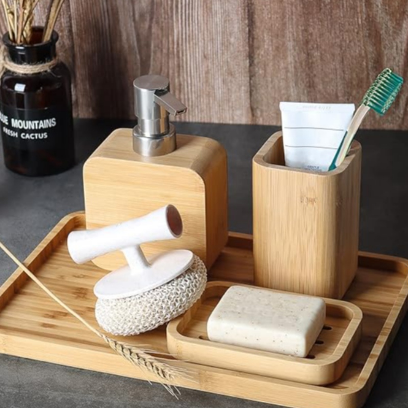 Sinish di bambù fatti a mano set di accessori per il bagno set retrò, supportonaturale, piatto di sapone per doccia, distributore di sapone, tazza di collutorio, tazza di risciacquo, vassoio organizzatore per hotel, casa, ufficio