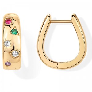 Orecchini Huggie robusti in argento sterling 925 placcati in oro 14 carati per donna Multi-Orecchini a cerchio con zirconi colorati Orecchini a cerchio a ferro di cavallo Lucky Glow