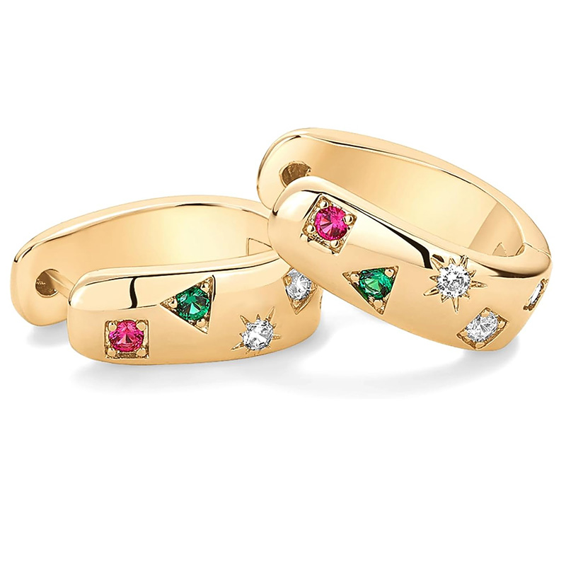 Orecchini Huggie robusti in argento sterling 925 placcati in oro 14 carati per donna Multi-Orecchini a cerchio con zirconi colorati Orecchini a cerchio a ferro di cavallo Lucky Glow
