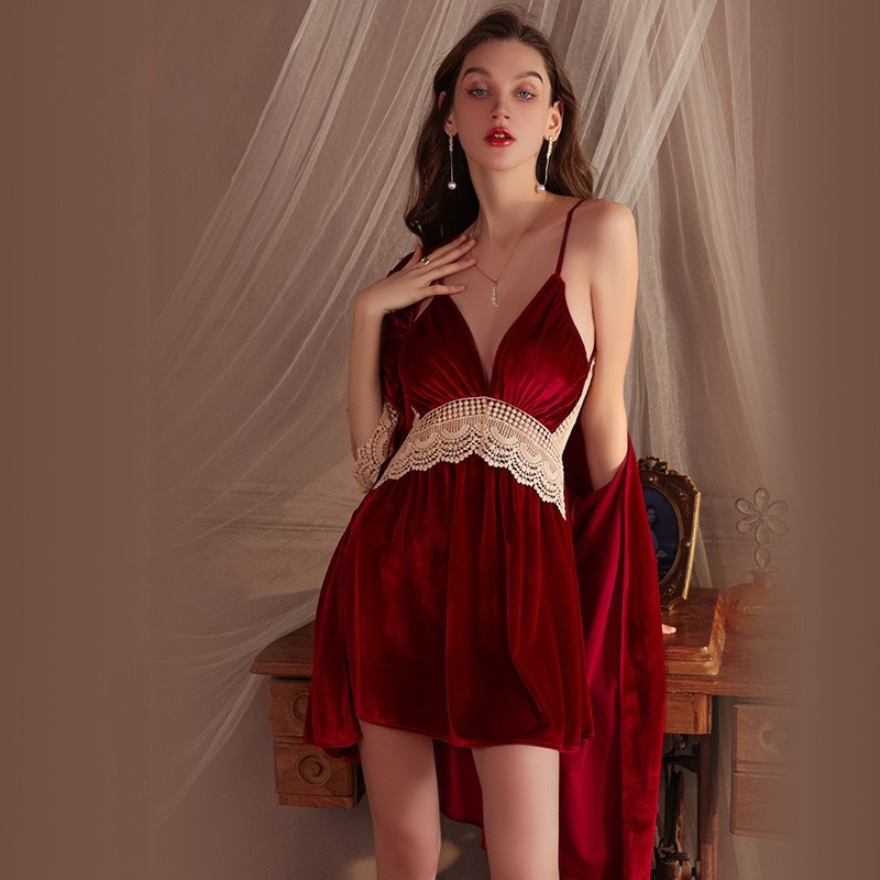 Nuovo stile Autumn e inverno di velluto e tulle senza schienale e sexy-camicia danotte a forma di costruzione-In reggiseni e un abito esterno abbinato, perfetto per l'abbigliamento domestico4054 Prezzo:$179,99