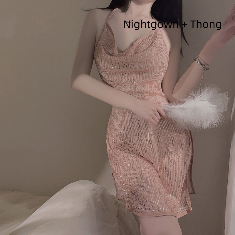 Lingerie sexy. Profondo caldo e allettante V - collo con paillettes, camicia danotte a fessura - Uniforme Plus - set di dimensioni.3539 Prezzo:$112.99