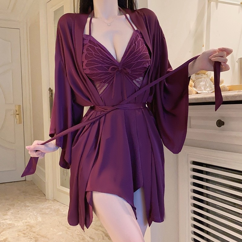 Sexy camicia danotte in pizzo in pizzo con cuscinetti toracici e una v profonda-collo per un aspetto seducente, sospeso-Stile del collo, abbinato a una veste, set di homewear.p3945 Prezzo:$199.99