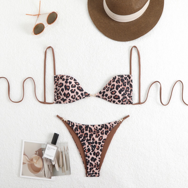 Costume da bagno bikini sexy con stampa leopardata per donne, trasudando un senso di lusso. Adatto alla spiaggia e alle sorgenti termali. Attraverso-Border Swimsuit Articolo QT25055 Prezzo:$79,99