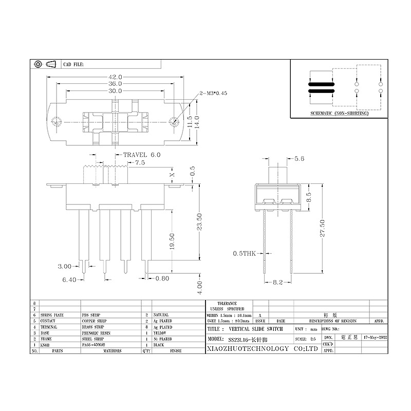 Interruttore di scorrimento SS23L16 PIN LONG ATTWAGGLE ATTREZZATURE MEDICI ATTREZZATURE INDUSTRIALE STUSTRO TRE TRE-Posizionare l'interruttore scorrevole