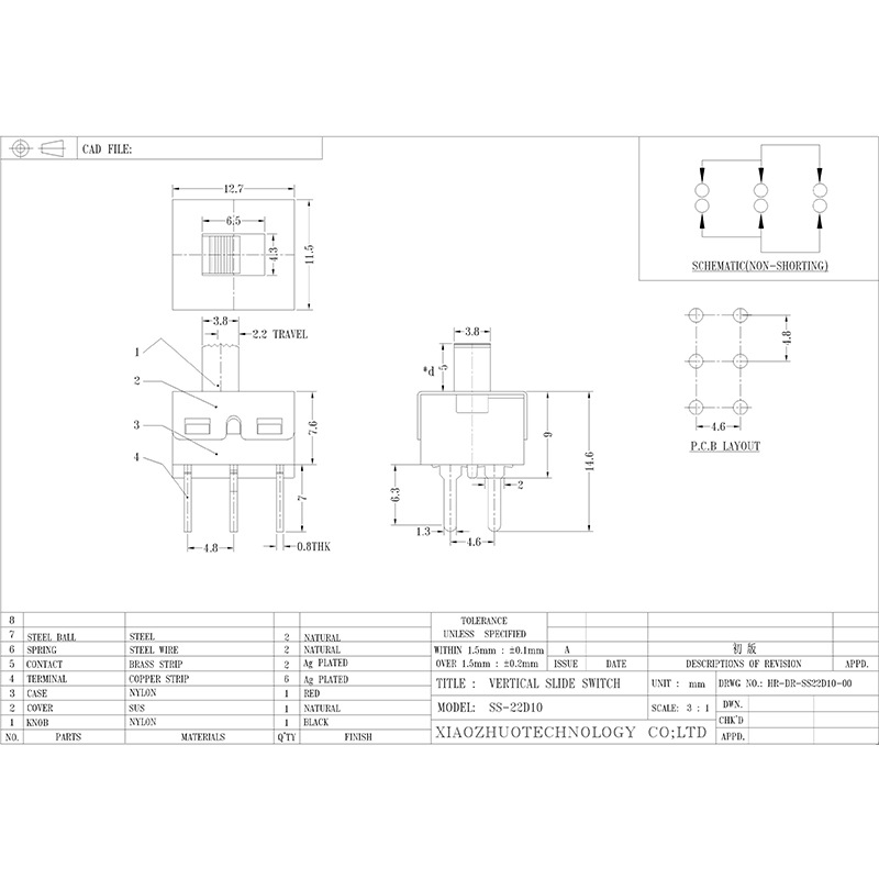 Interruttore di scorrimento SS22D10 alto-Interruttore di scorrimento corrente per giocattoli medici, apparecchiature audio, prodotti elettronici, estrazione verticale e verticale 2-Posizionare l'interruttore di scorrimento